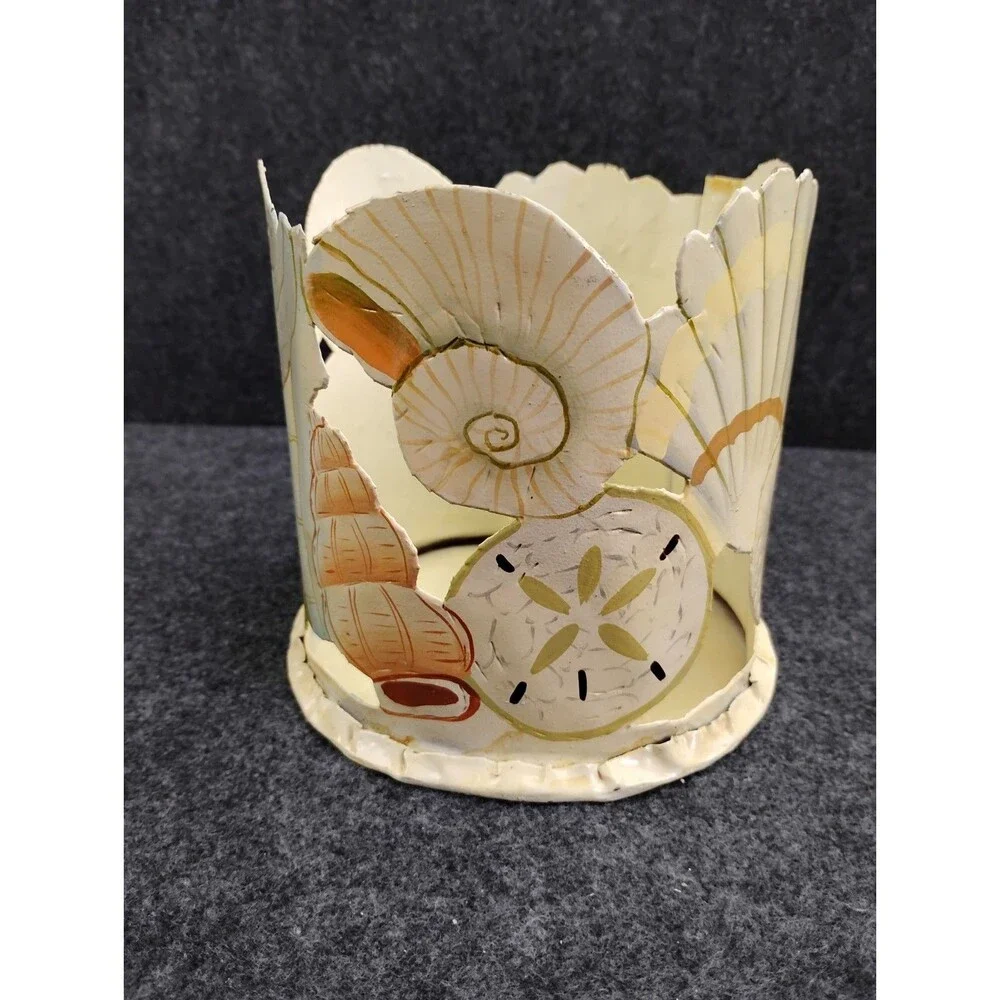 Vintage Coastal Seashell Motif Handmade Metal Candle Holder Artist Signed 5